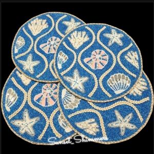 4 Beaded Coastal Seashell Starfish Sea Coral Jute Accent Placemats Chargers Set